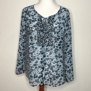 J.‎ JILL Sheer Peasant Top LG PETITE Blue Floral LS Boho Cottage Core Bohemian